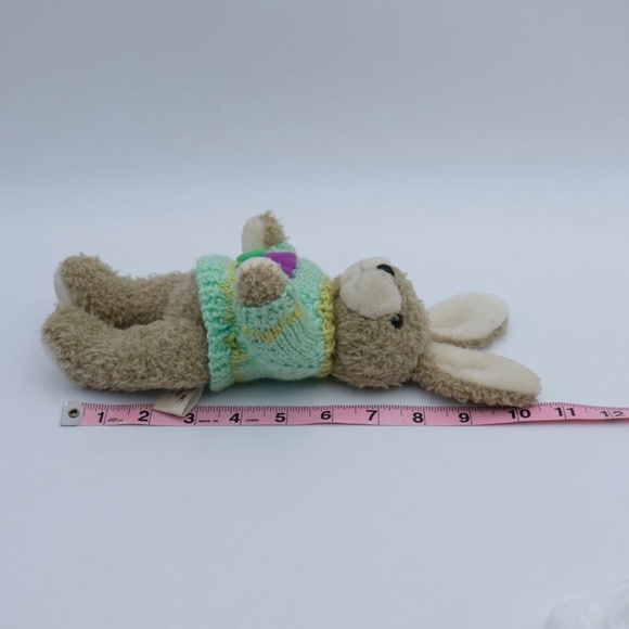 Vintage HugFun 1999 Plush Bunny Rabbit&Cow 10" Doll Flower Knitted Teal Sweater - Picture 8 of 10